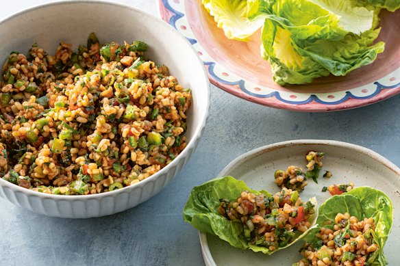 Serve burghul salad in baby cos lettuce leaves as a finger food or a side dish.