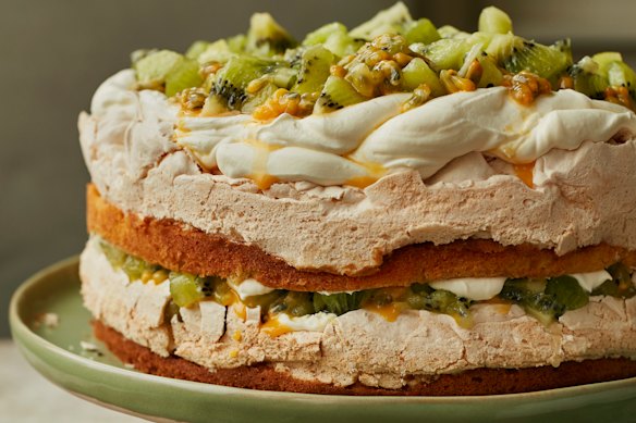 Layers of soft sponge and crisp meringue, topped with kiwi and passionfruit.