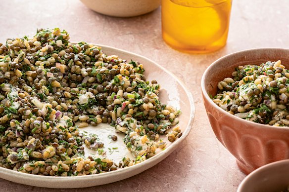 Make this Puy lentil and pearl barley salad your own by adding extras such as soft-boiled eggs or green chilli.