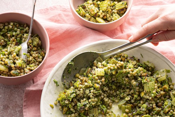 Celebrate celery three ways in this salad with pearl cous cous.