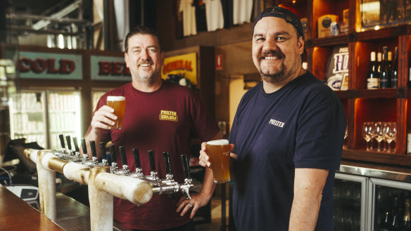 Co-owners of Philter Brewing Mick Neil and Stef Constantoulas at their Marrickville brewery.