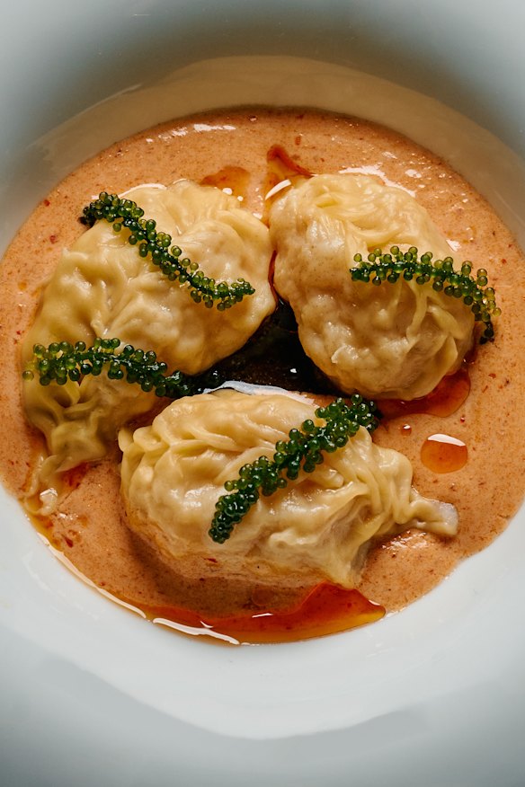 WA tiget prawn culurgiones (Sardinian ravioli) in green lemon myrtle curry.