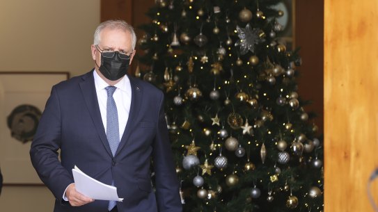 Prime Minister Scott Morrison arriving at Wednesday’s press conference.