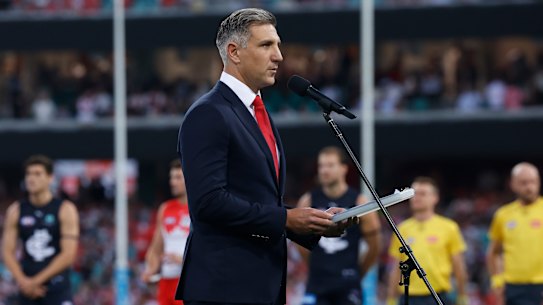 Sydney CEO Matthew Pavlich at the pre-match tribute to the victims of the Bondi terror attack on March 5.