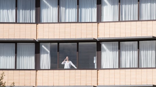 A woman in Melbourne’s hotel quarantine program earlier this month. 