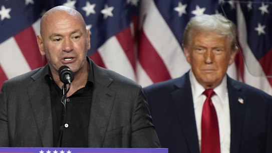 Dana White speaks as speaksRepublican presidential nominee former President Donald Trump looks on at an election night watch party, Wednesday, Nov. 6, 2024, in West Palm Beach, Fla. (AP Photo/Alex Brandon)