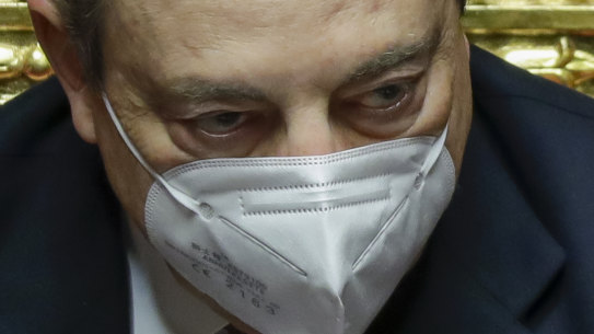 Italy’s  new Prime Minister Mario Draghi in the Senate in Rome before submitting his government to a vote of confidence.