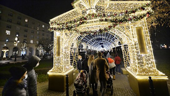 Christmas lights down one of Warsaw’s main streets. 