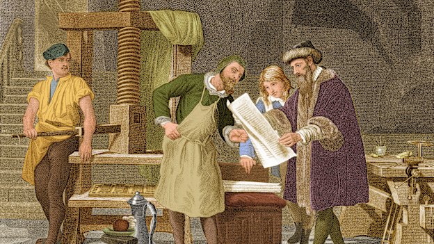 Johannes Gutenberg, with his financier, Johann Fust, and a printer, Peter Schöffer — collaborated to print 180 copies, in Latin, of what is now known as the Gutenberg Bible.