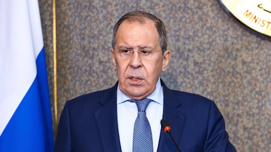 Russian Foreign Minister Sergey Lavrov gestures during a joint news conference with Egyptian Minister of Foreign Affairs Sameh Shoukry, following their talks in Cairo, Egypt.