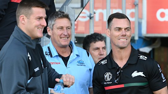 John Morris (right) with nephew Teig Wilton (left) and Sharks trainer Mark Noakes earlier this year.