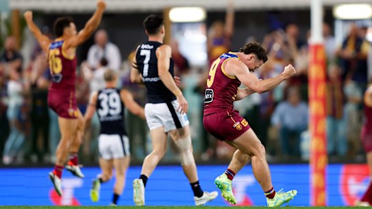 Lachie Neale celebrates the Lions’ victory over Carlton in the preliminary final.