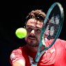 Stan Wawrinka of Team Switzerland plays a backhand during Day 2 of the United Cup at RAC Arena.