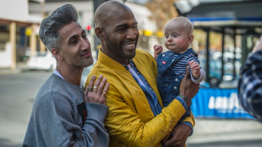 Queer Eye stars Tan France and Karamo Brown with little fan Leo Macdonald-Smith.