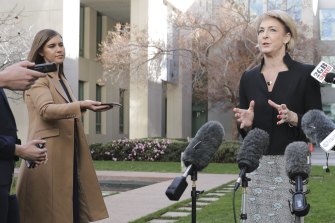 Liberal Party staff member Brittany Higgins (left) at a media event with senator Michaelia Cash in June 2019.