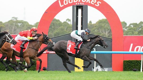 Little Brose, ridden by Michael Dee, wins the Blue Diamond Stakes on Saturday.