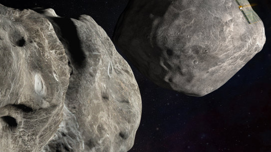 NASA’s DART probe, upper right, on course to collide with the asteroid Dimorphos, left, which orbits Didymos. The impact should be just enough to nudge the asteroid into a slightly tighter orbit around its companion space rock.