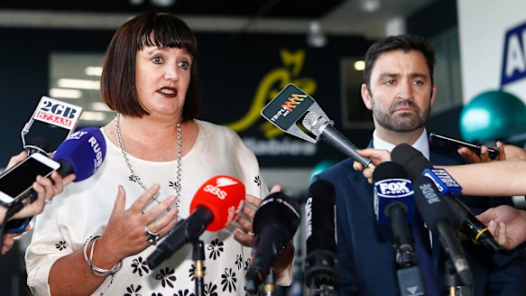 Complicated: Rugby Australia CEO Raelene Castle speaks to the media after a meeting with Folau.