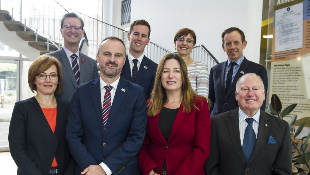 The ACT's new ministry: (back row) Gordon Ramsay, Chris Steel, Rachel Stephen-Smith and Shane Rattenbury. (front row) Meegan Fitzharris, Chief Minister Andrew Barr, Deputy Chief Minister Yvette Berry and Mick Gentleman  