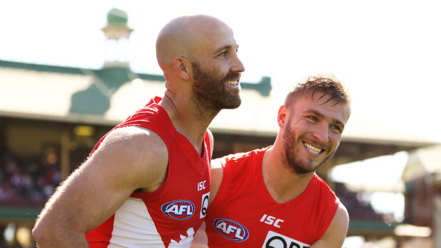 Last respects: Jarrad McVeigh and Kieren Jack run onto the field for their last match for Sydney at the SCG.