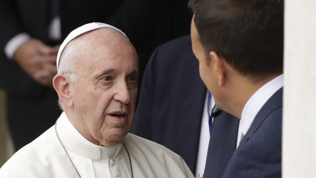 Pope Francis meets with Irish Prime Minister Leo Varadkar, right.