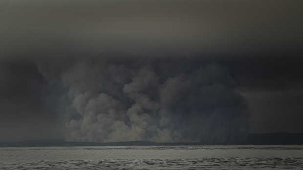 Smoke from fires at Cann River seen across the water in Bass Strait.