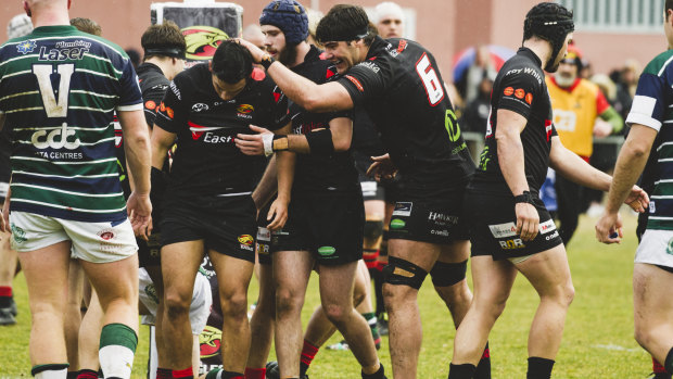 Canberra rugby union John I Dent Cup. Gungahlin Eagles v Uni-Norths Owls.
Gungahlin celebrate.