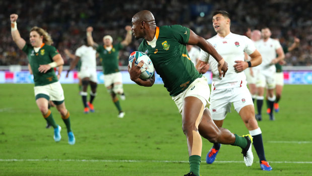 Makazole Mapimpi breaks through to score his team's first try during any World Cup final.