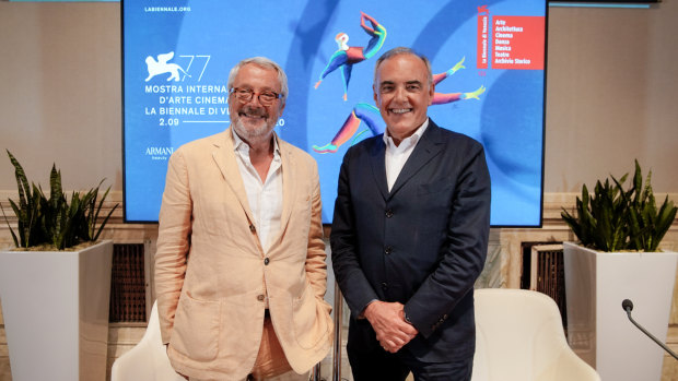 Venice biennale president Roberto Cicutto (left) and Venice Film Festival director Alberto Barbera announcing the 77th Venice Film Festival on Wednesday.