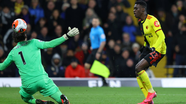 Ismaila Sarr of Watford scores his team's second goal.
