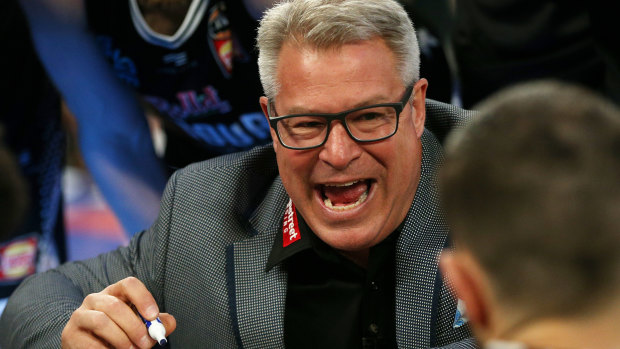 On message: United coach Dean Vickerman communicates plays during a time-out against Perth.