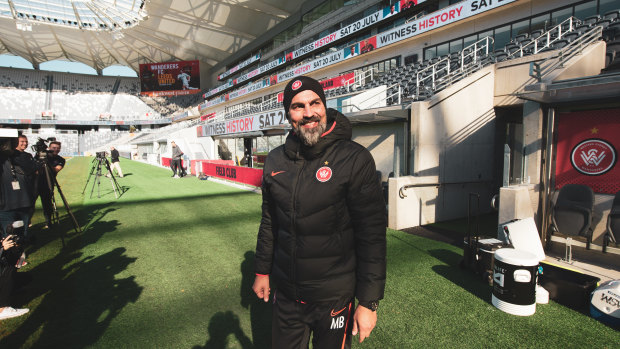 Home, sweet home: Markus Babbel takes in Western Sydney's  new digs at Bankwest Stadium. 
