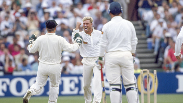 Mike Gatting stands in disbelief after falling victim to Shane Warne’s “ball of the century” in 1993.