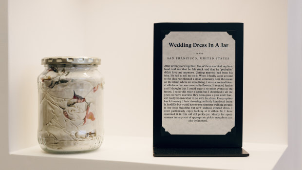 A wedding dress in a pickle jar at the Museum of Broken Relationships in Los Angeles in 2016. The Australian exhibit will feature some overseas items.