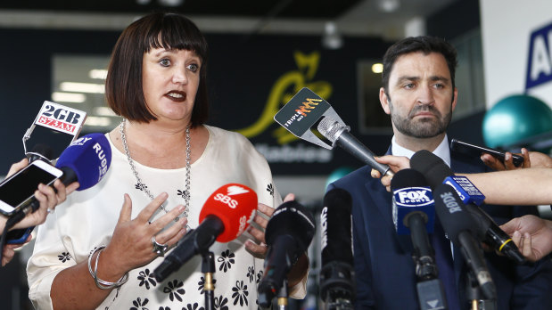 Complicated: Rugby Australia CEO Raelene Castle and NSWRU boss Andrew Hore spoke to the media after a meeting with Folau this week.