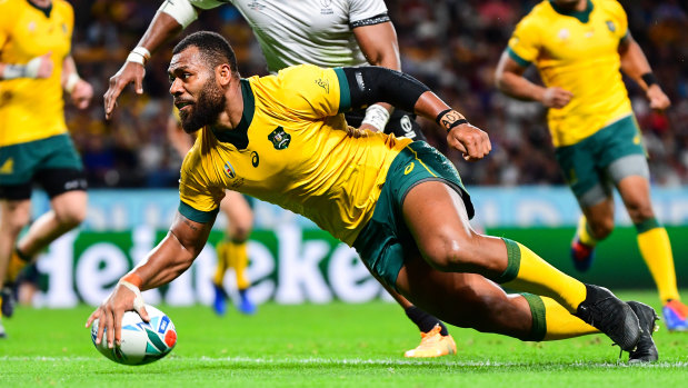 Samu Kerevi scores against Fiji in Australia's opening clash at the World Cup. The Wallabies' performances have been mixed, at best.