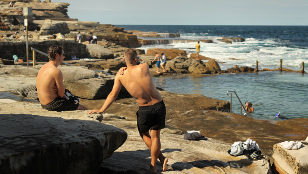 Swimmers at Maroubra take advantage of the warm weather.