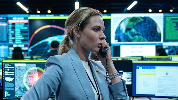 Captain Olivia Walker (Rebecca Ferguson) in the White House situation room in A House of Dynamite.