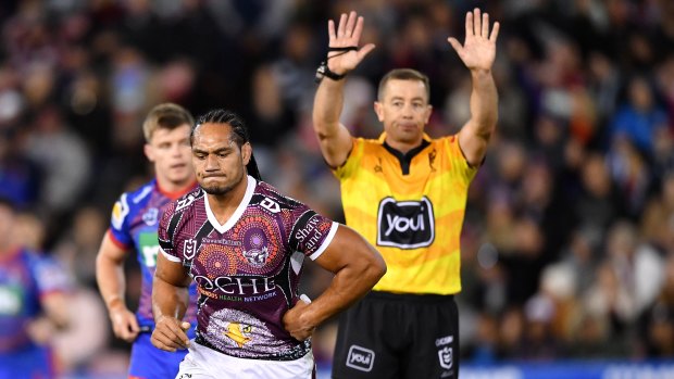 Marty Taupau gets his marching orders in Newcastle on Sunday.