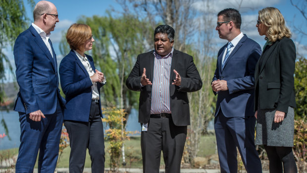 Director of palliative care Dr Suharsha Kanathigoda, (centre) with Snow Foundation's Stephen Byron, Minister for Health and Wellbeing Meegan Fitzharris ACT Senator Zed Seselja and Snow Foundation chief executive Georgina Byron. Dr Kanathigoda said getting news of the expansion made today the happiest of his life.
