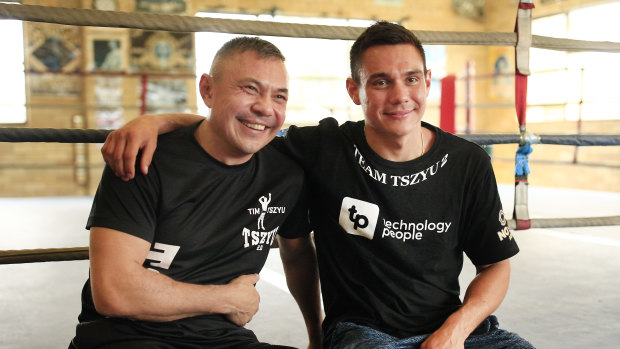 Former world champion Kostya Tszyu and son Tim Tszyu in Sydney in 2019.