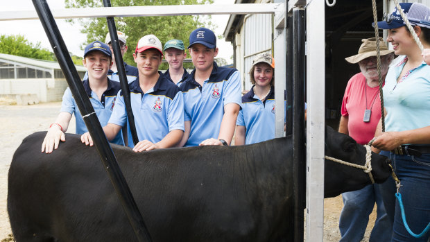Canberra Grammar School students (from left) Ray Cooper, George Walker, Tim Lott, Seamus Stucket and Tara Southwell helping prepare a contestant.