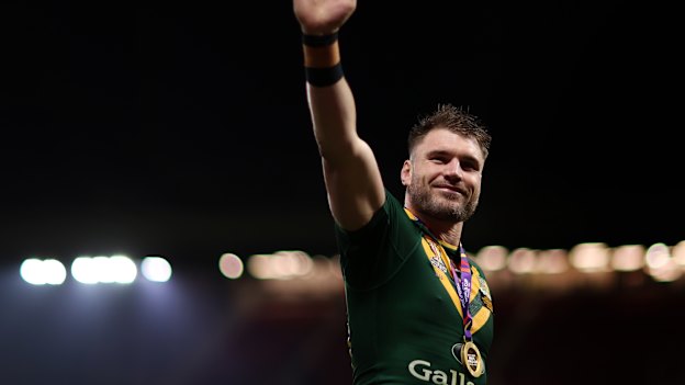 Angus Crichton celebrates Australia’s World Cup triumph in 2022.