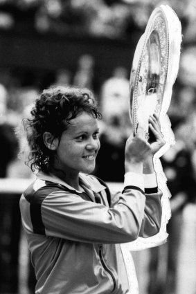 Elation for the new women’s singles champion in 1980, Evonne Cawley.
