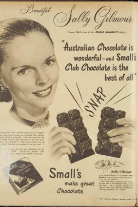 Sally Gilmour in a 1948 ad for Small’s Club Chocolate. 
