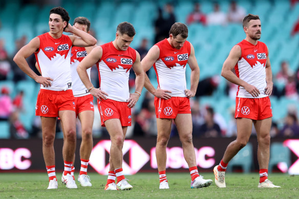 Swans players show their disappointment after the loss to Fremantle.