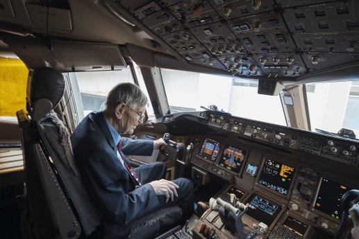 Retired  British Airways pilot Frank Dell returns to the cockpit of a Boeing 777 to mark the airline’s 100th anniversary in 2019.