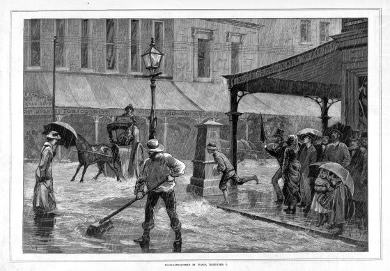 A wood engraving showing flooded Elizabeth Street in  December 1882.