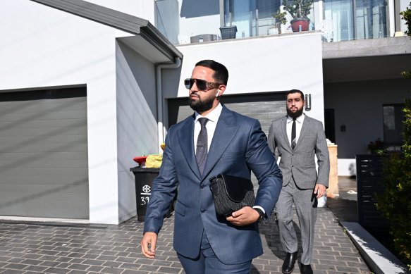 Nadir’s lawyer Mohamad Sakr outside the nurse’s Bankstown home. 