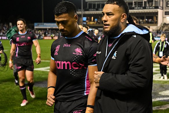 Cronulla Sharks prop Addin Fonua-Blake (right) left the field with a pectoral concern twice against Newcastle.